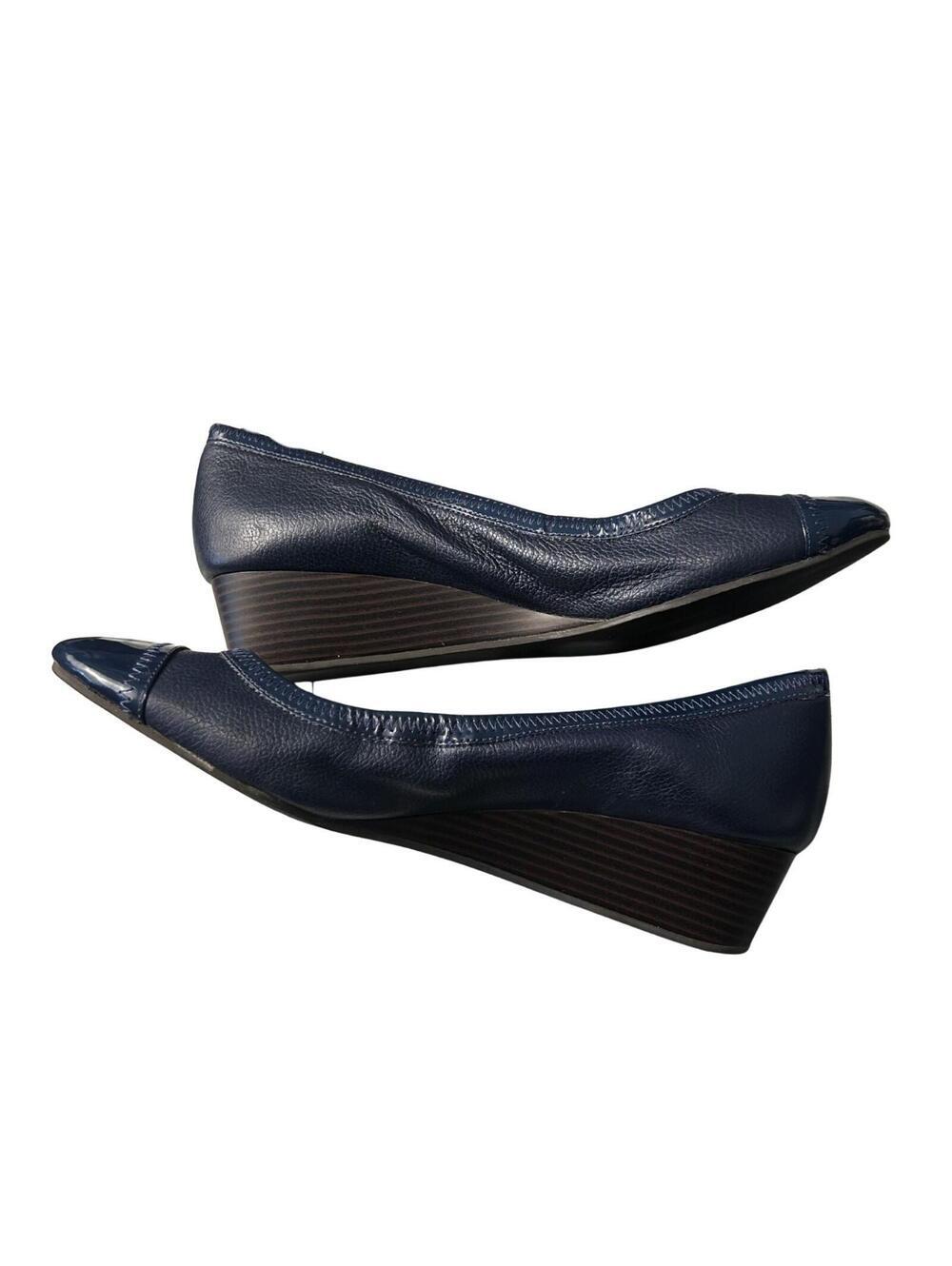 Cole Haan Navy Blue Leather Wedge Shoes with Patent Toe Cap